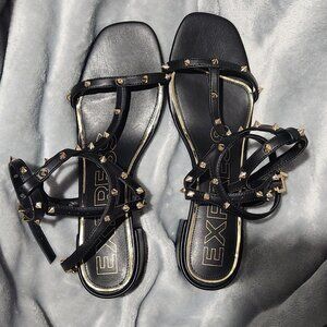 Express Black Gold Stud Strappy Block Heels